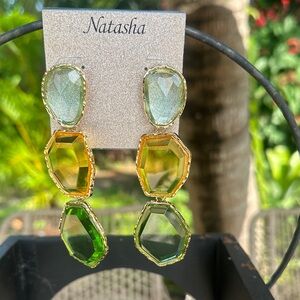 Natasha Couture NWT Multi-Green Gold Geometric Earrings Palm Beach Chunky